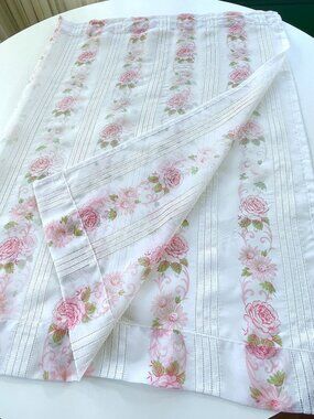 Vintage 70s single curtain, pink bouquet with greenery, romantic sheer floral